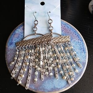 Upcycled Vintage Silver and Gold Pearl Chain Statement Earrings